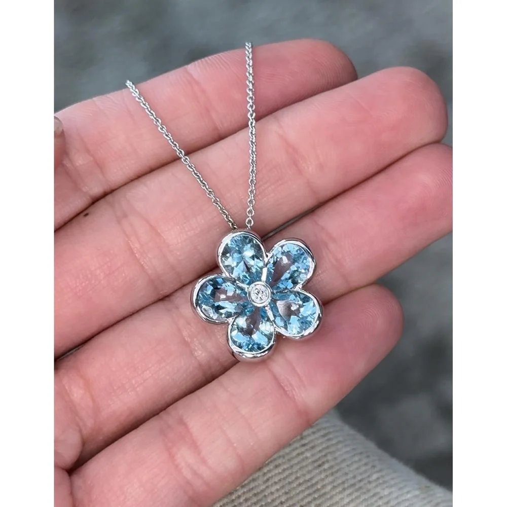 Charles Krypell - Diamond and Aquamarine Semi Bezel Aquamarine Flower Pendant in 18K White Gold - Image 2