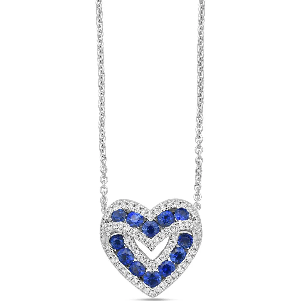 Charles Krypell - Diamond and Blue Sapphire Signature Sweetheart Pendant in 18K White Gold