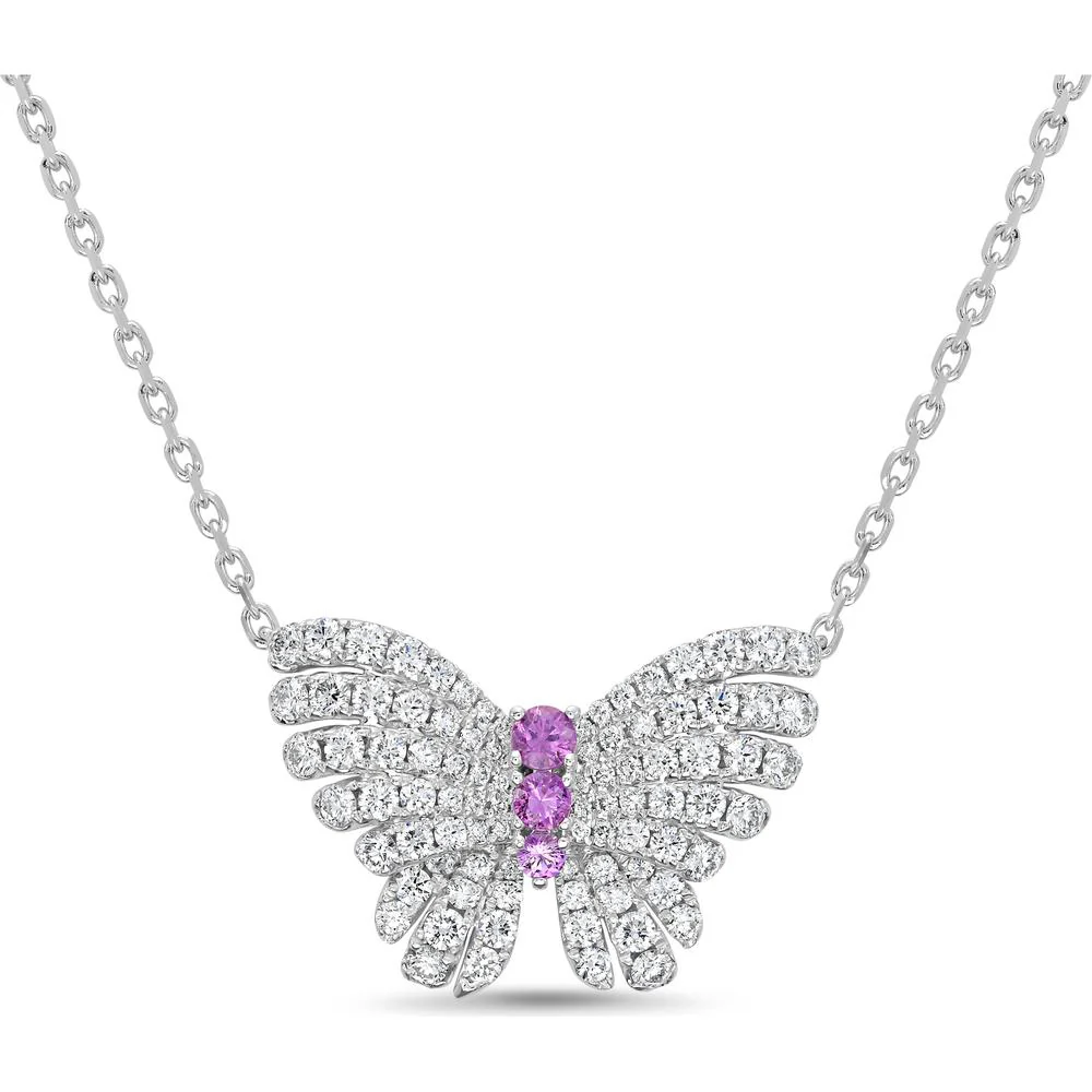 Charles Krypell - Diamond and Pink Sapphire Monarch Butterfly Pendant in 18K White Gold