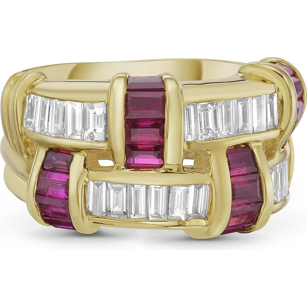 Charles Krypell - Diamond and Ruby Signature Basket Weave Ring in 18K Yellow Gold