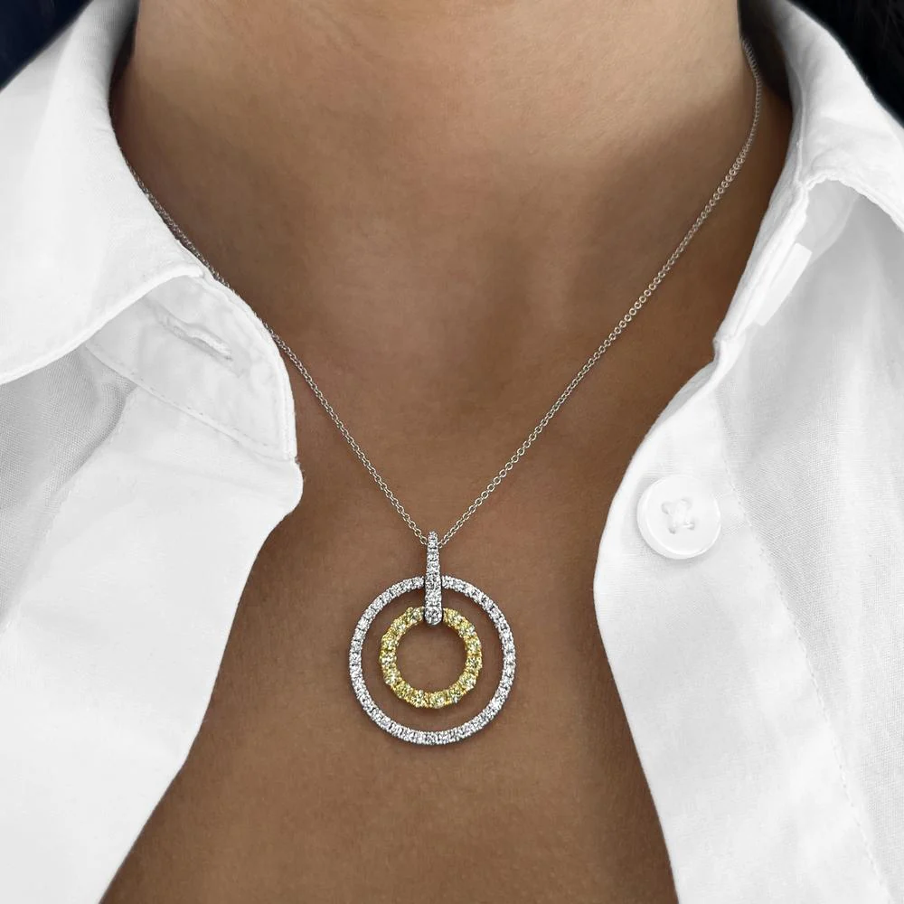 Charles Krypell - Diamond and Yellow Diamond Double Circle Pendant in 18K White Gold and Yellow Gold - Image 2