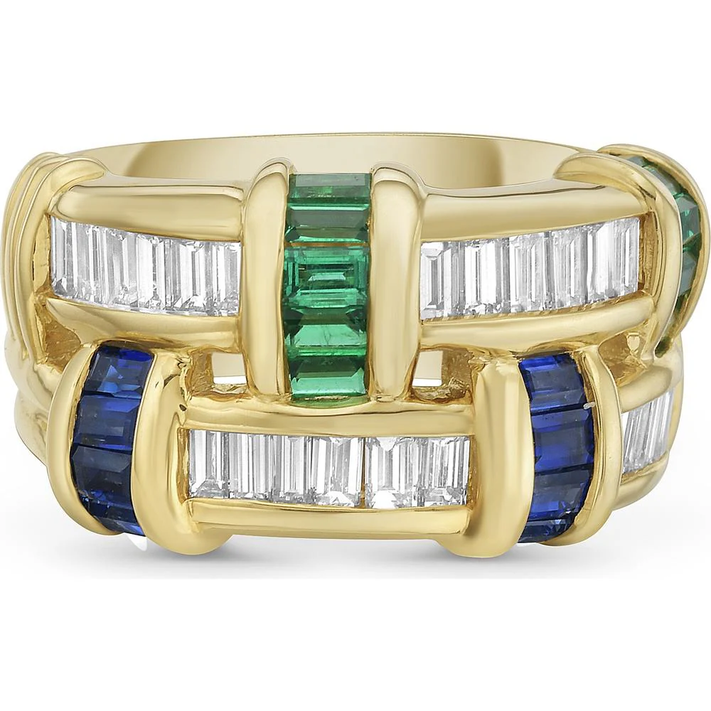 Charles Krypell - Diamond, Emerald and Blue Sapphire Signature Basket Weave Ring in 18K Yellow Gold