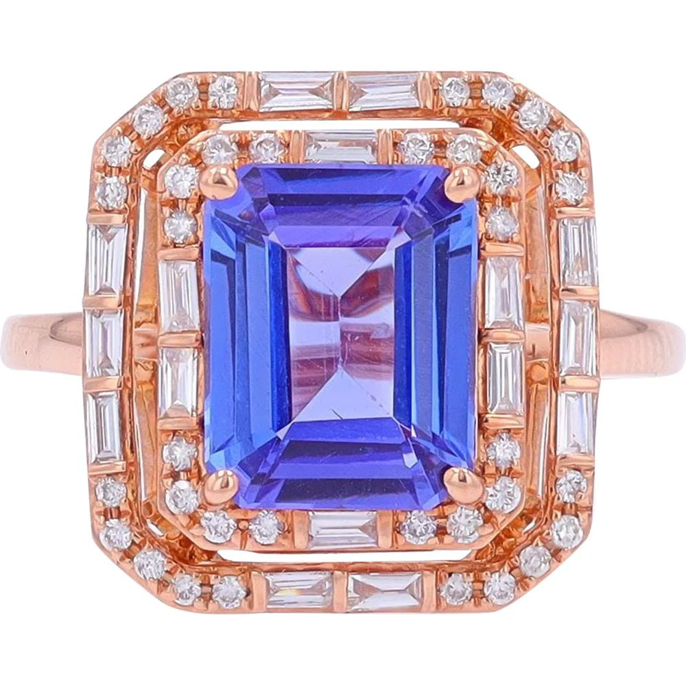EFFY 14K Rose Gold Emerald - Cut Tanzanite Geometric Double Halo Ring with Baguette and Round Diamonds - 2.91 Carat Tanzanite and 0.60 Carat Total Diamond Weight