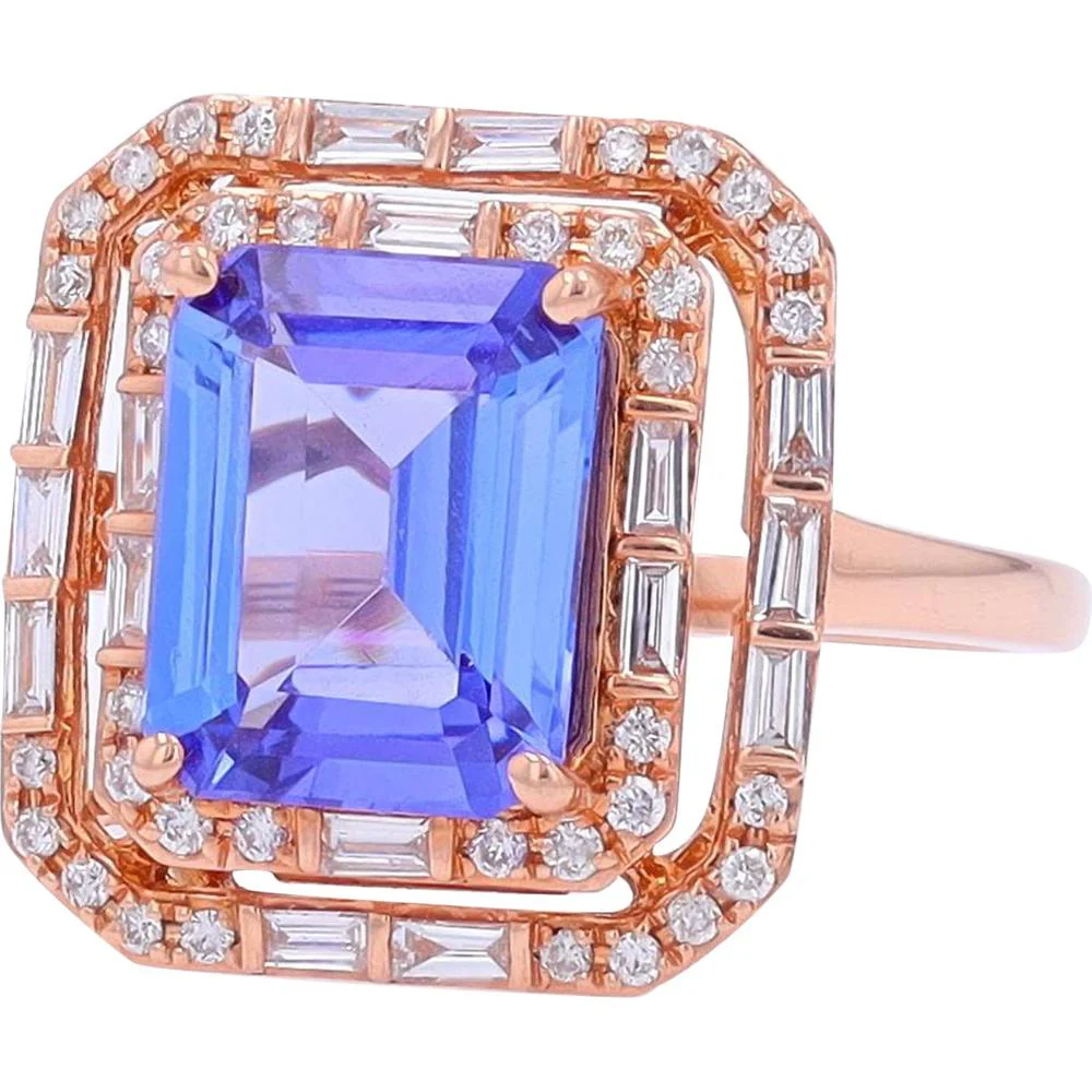EFFY 14K Rose Gold Emerald - Cut Tanzanite Geometric Double Halo Ring with Baguette and Round Diamonds - 2.91 Carat Tanzanite and 0.60 Carat Total Diamond Weight - Image 2