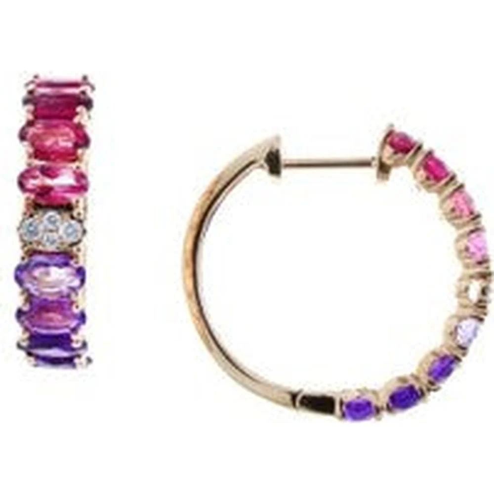 EFFY 14K Rose Gold Medium Hoop Earrings with Baguette - Cut Pink Tourmaline & Amethyst Ombré and Round Diamond Accents - 3.30 Carat Total Gemstone Weight, 0.12 Carat Total Diamond Weight