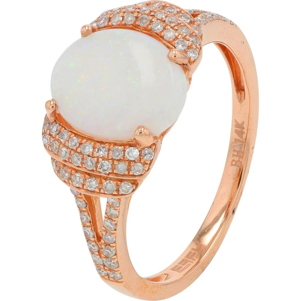EFFY 14K Rose Gold Oval Opal Cabochon Halo Ring with Pavé Round Diamonds - 1.43 Carat Opal & 0.24 Carat Total Diamond Weight