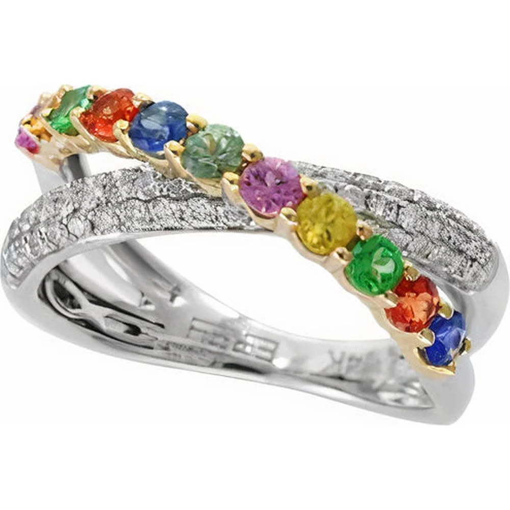 EFFY 14K White & Yellow Gold Crossover Band with Prong - Set Round Multicolor Sapphires and Pavé Diamonds - 1.06 Carat Total Sapphire Weight, 0.46 Carat Total Diamond Weight