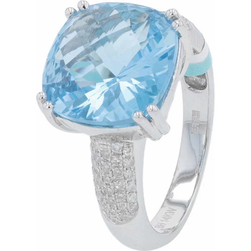 EFFY 14K White Gold 8.17 Carat Cushion Cut Blue Topaz Ring with 0.31 Carat Pavé Diamond Accents