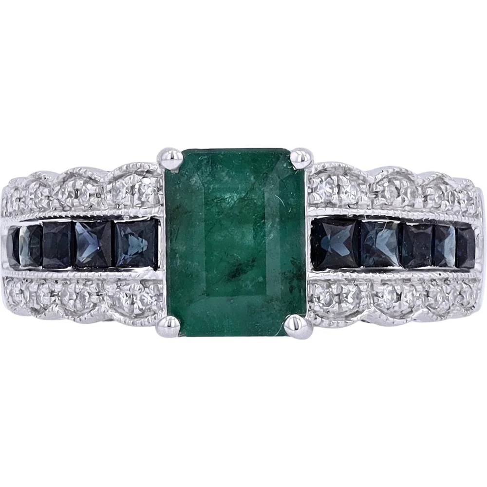 EFFY 14K White Gold Emerald - Cut Emerald Ring with Channel - Set Blue Sapphires and Diamond Milgrain Accents - 2.19 Carat Total Gem Weight, 0.13 Carat Total Diamond Weight