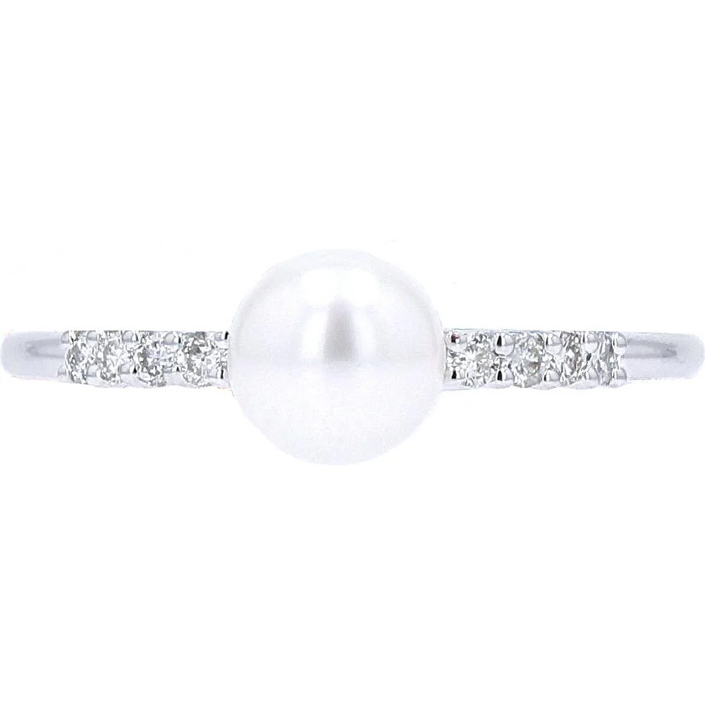 EFFY 14K White Gold Pearl Solitaire Ring with Diamond Accents - 0.12 Carat Total Diamond Weight