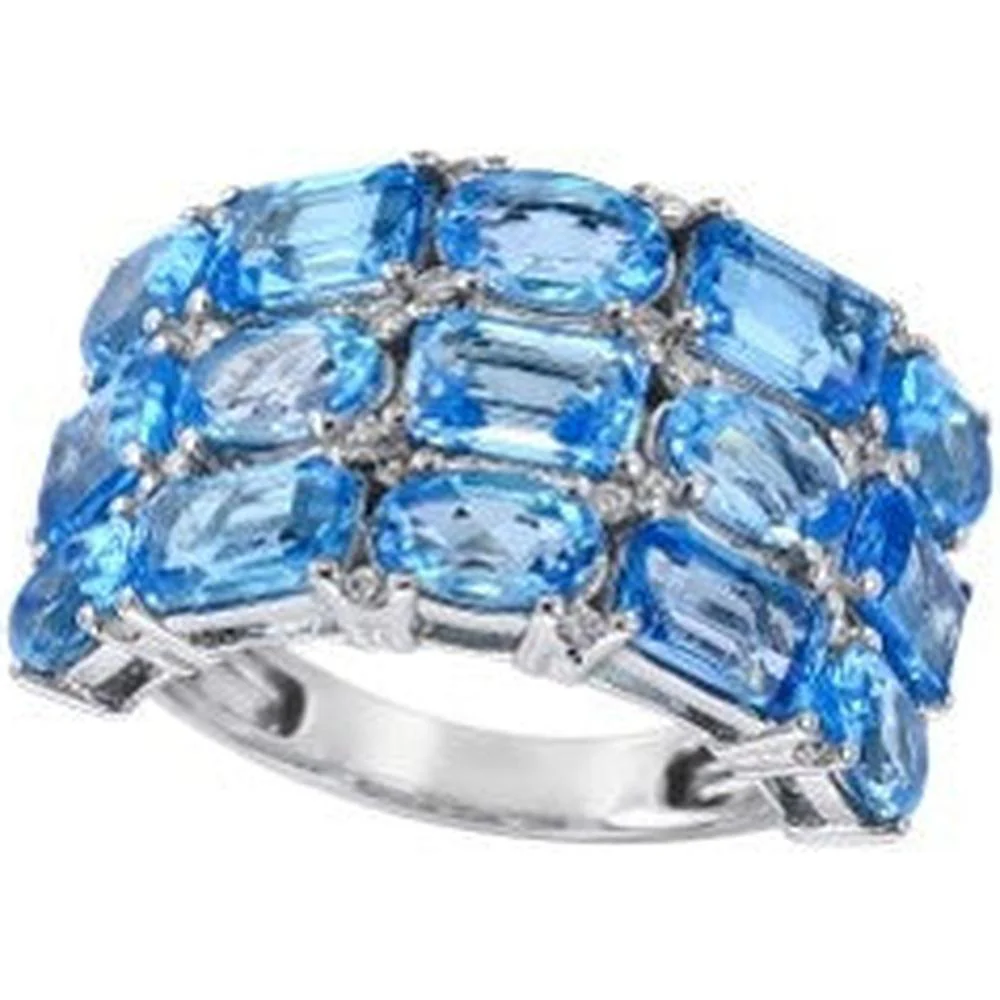 EFFY 14K White Gold Three - Row Band Ring with Prong - Set Oval and Emerald - Cut Blue Topaz and Diamond Accents - 7.74 Carat Total Topaz Weight, 0.17 Carat Total Diamond Weight