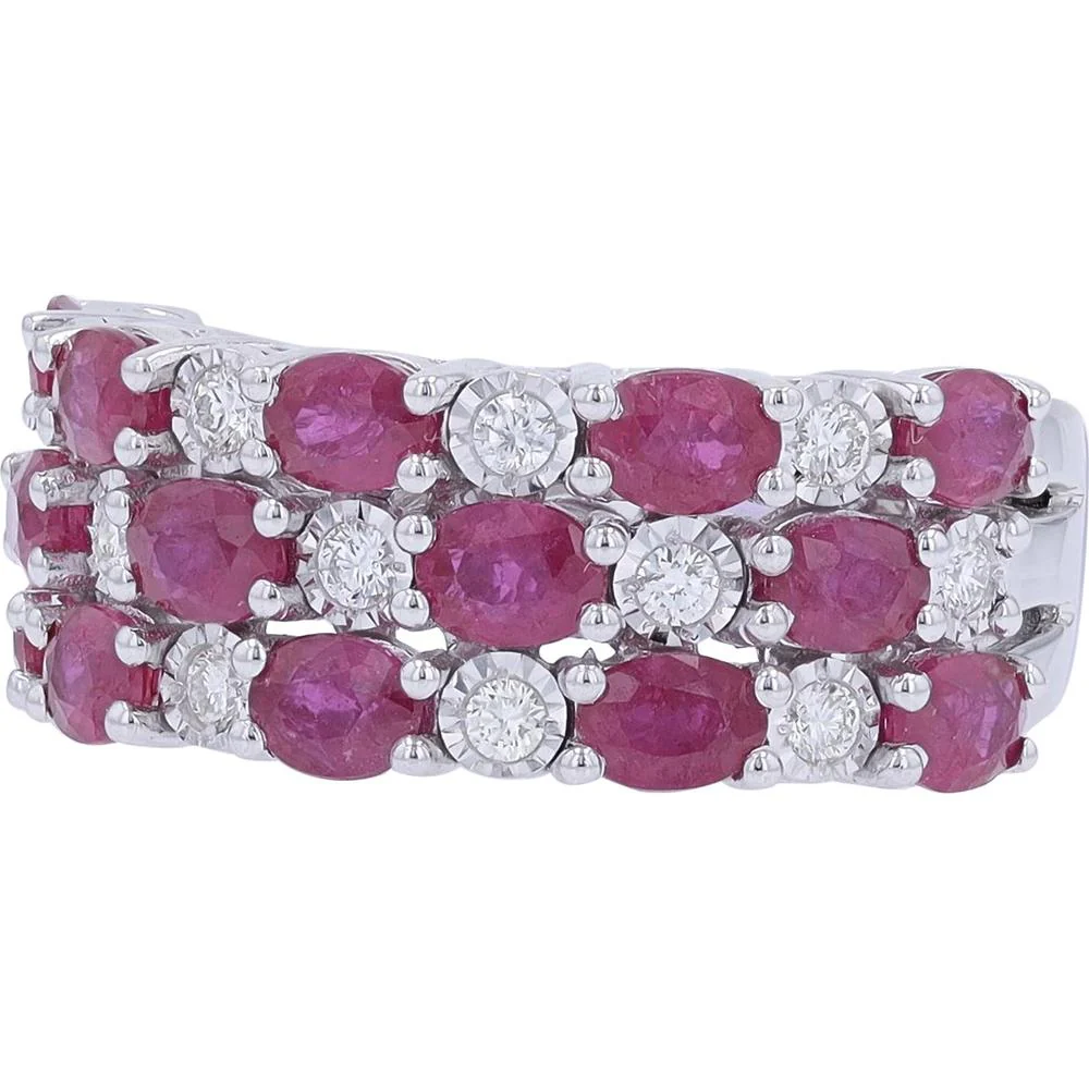 EFFY 14K White Gold Three - Row Band with Prong - Set Oval Rubies and Round Diamond Accents - 3.33 Carat Total Ruby Weight, 0.25 Carat Total Diamond Weight - Image 2