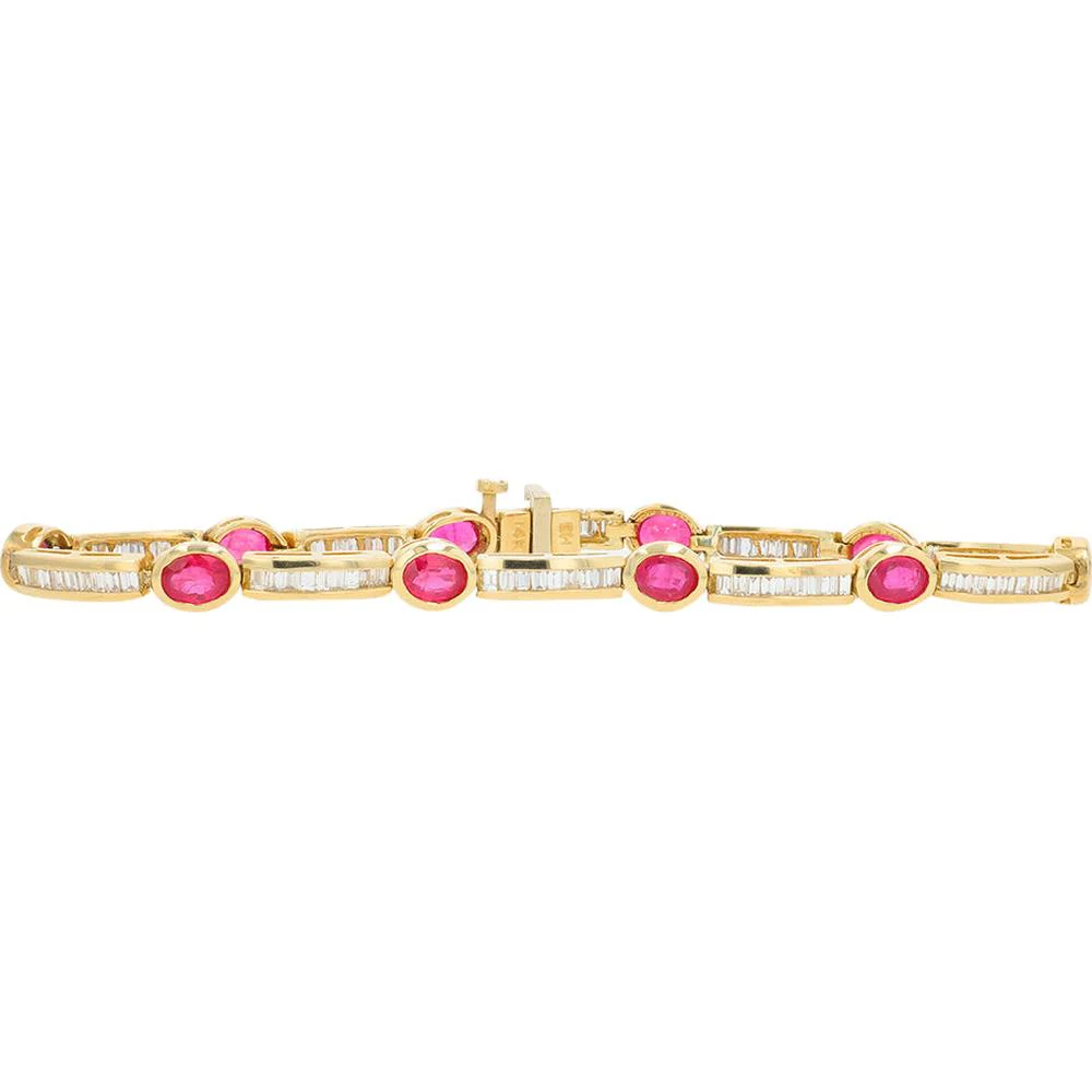 EFFY 14K Yellow Gold Fancy Link Bracelet with Bezel - Set Oval Rubies and Baguette Diamond Links - 4.27 Carat Total Ruby Weight, 1.72 Carat Total Diamond Weight
