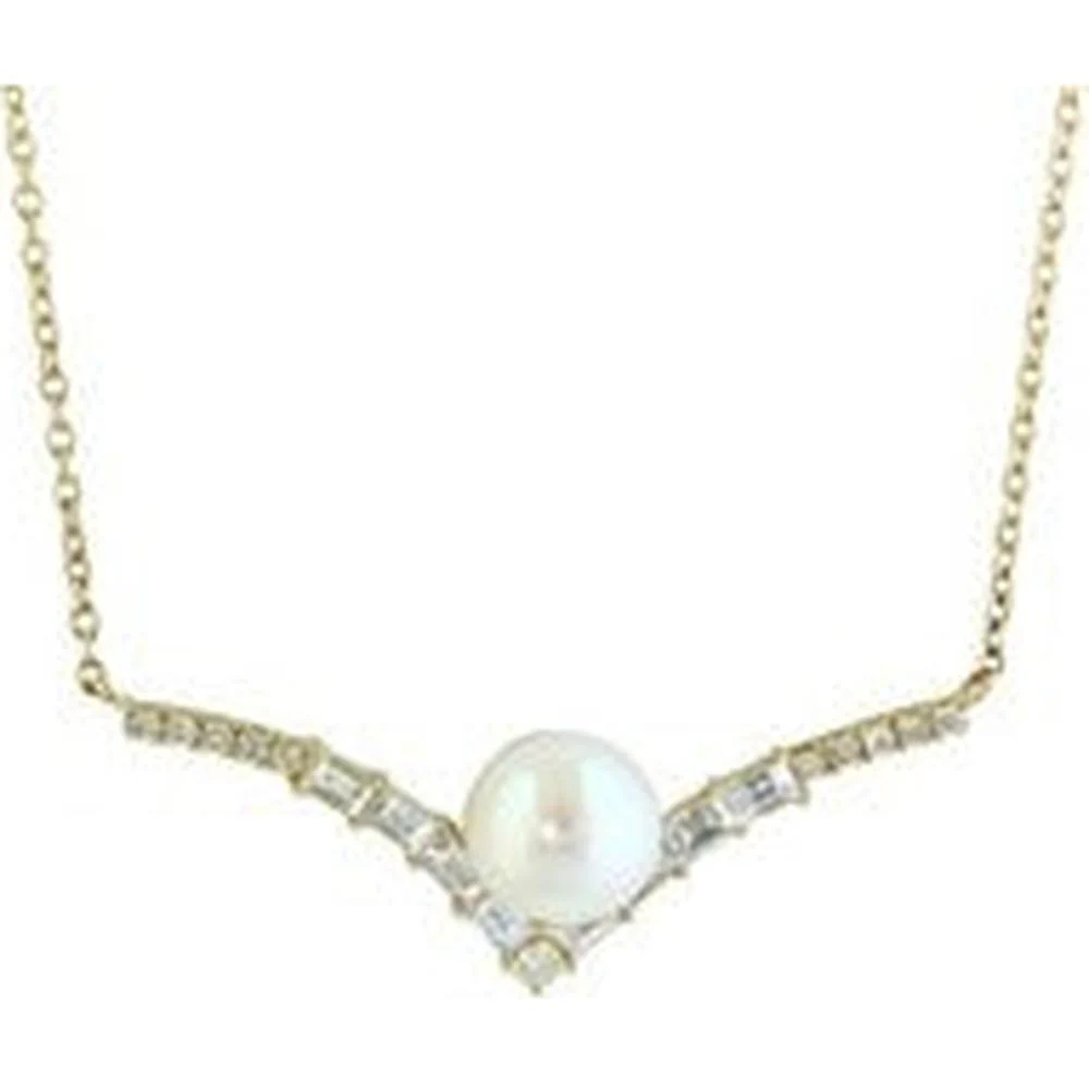 EFFY 14K Yellow Gold Freshwater Pearl Pendant Necklace with Baguette and Round Diamond Accents - 0.52 Carat Total Diamond Weight