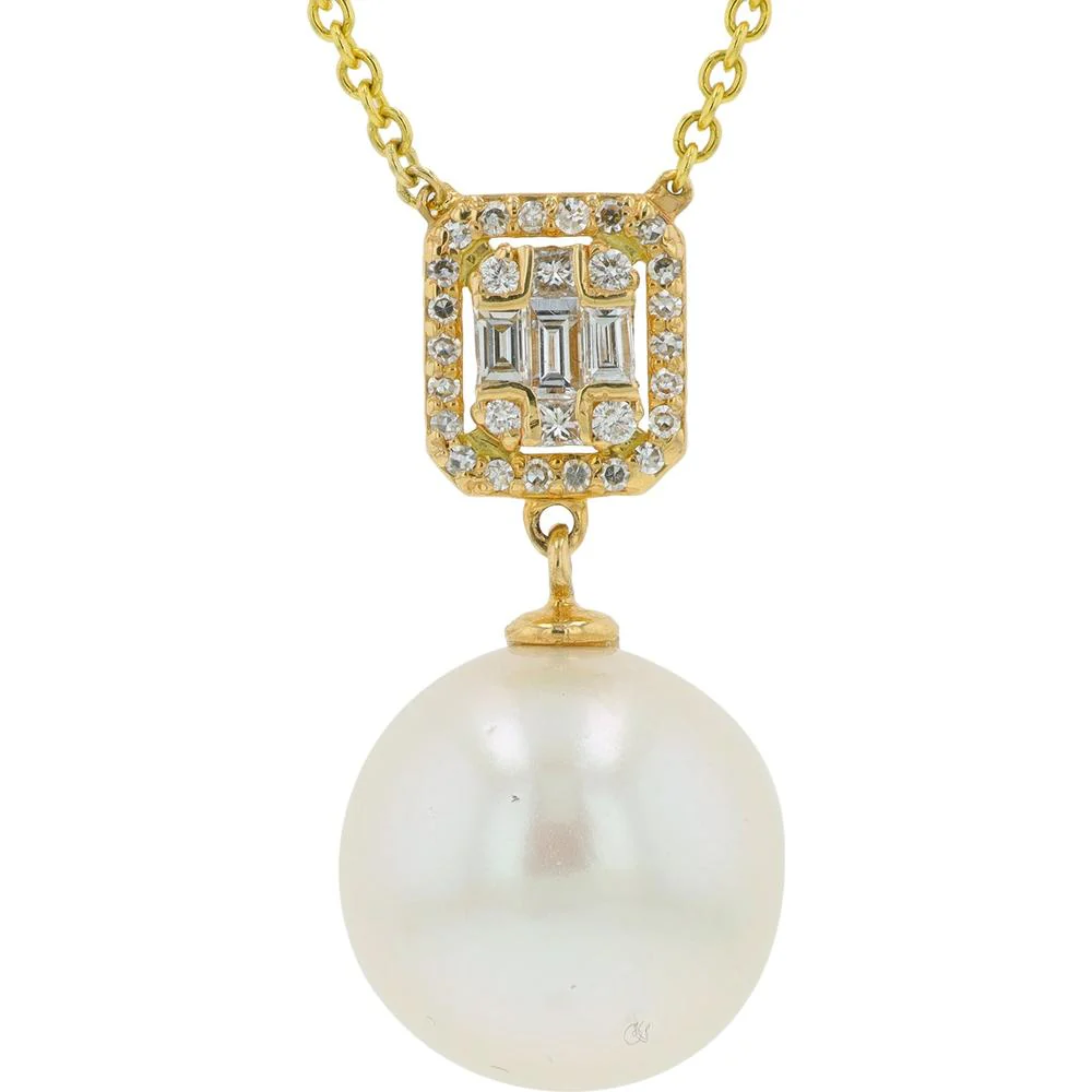 EFFY 14K Yellow Gold Pearl Drop Pendant Necklace with Diamond Halo Accents - 0.32 Carat Total Diamond Weight, 18" Chain