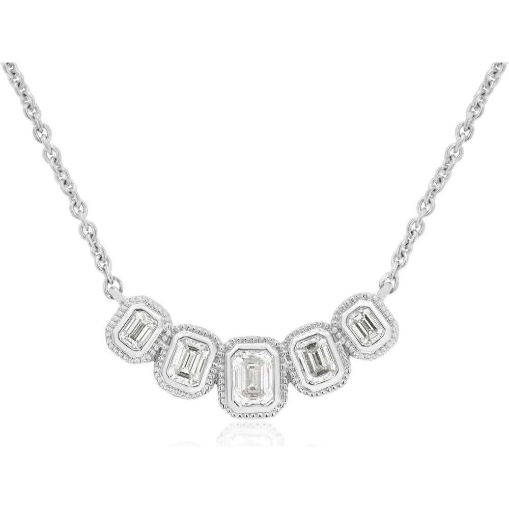 Graduated Five-Station Necklace in 14K White Gold with 0.78 Carat Emerald Cut Diamonds and Vintage Milgrain Halos - Royal Jewelry