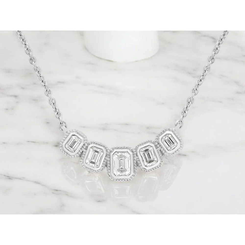Graduated Five-Station Necklace in 14K White Gold with 0.78 Carat Emerald Cut Diamonds and Vintage Milgrain Halos - Royal Jewelry - Image 2