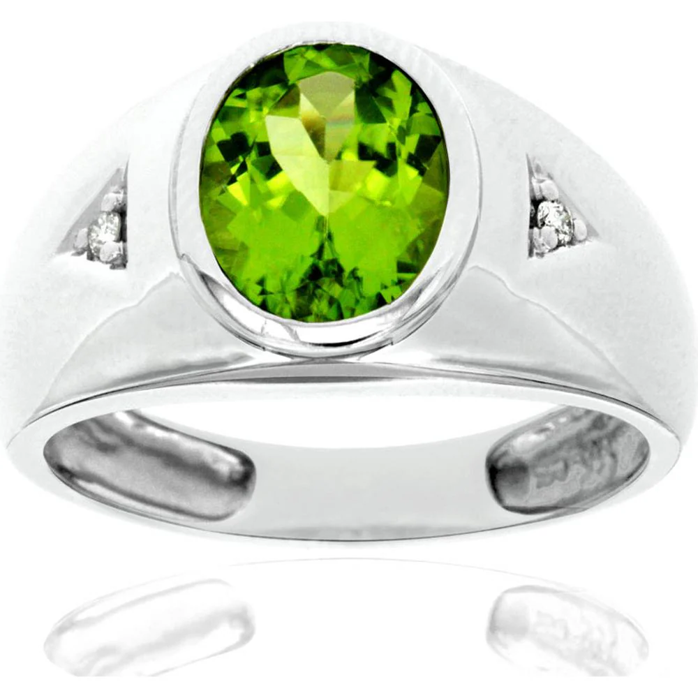 Men's 14K White Gold Peridot & Diamond Ring with 2.85 Carats Oval Peridot and 0.04 Carats Diamond Accents - Royal Jewelry
