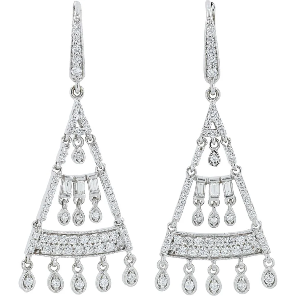 Penny Preville 18K White Gold Diamond Geometric Chandelier Drop Earrings with Baguette and Bezel Teardrop Dangles - 1.45 Carat Total Diamond Weight
