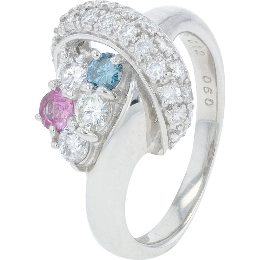 Platinum 0.13 Carat Pink Sapphire Knot Ring with 0.10 Carat Blue Diamond and 0.70 Carat White Diamonds