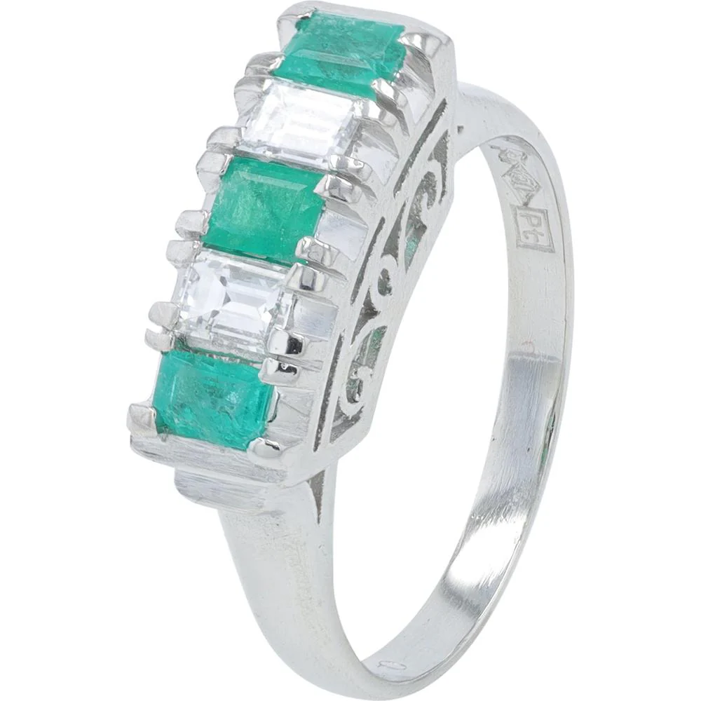 Platinum 0.37 Carat Emerald and Diamond Ring with Milgrain Detail - 0.24 Carat Total Diamond Weight