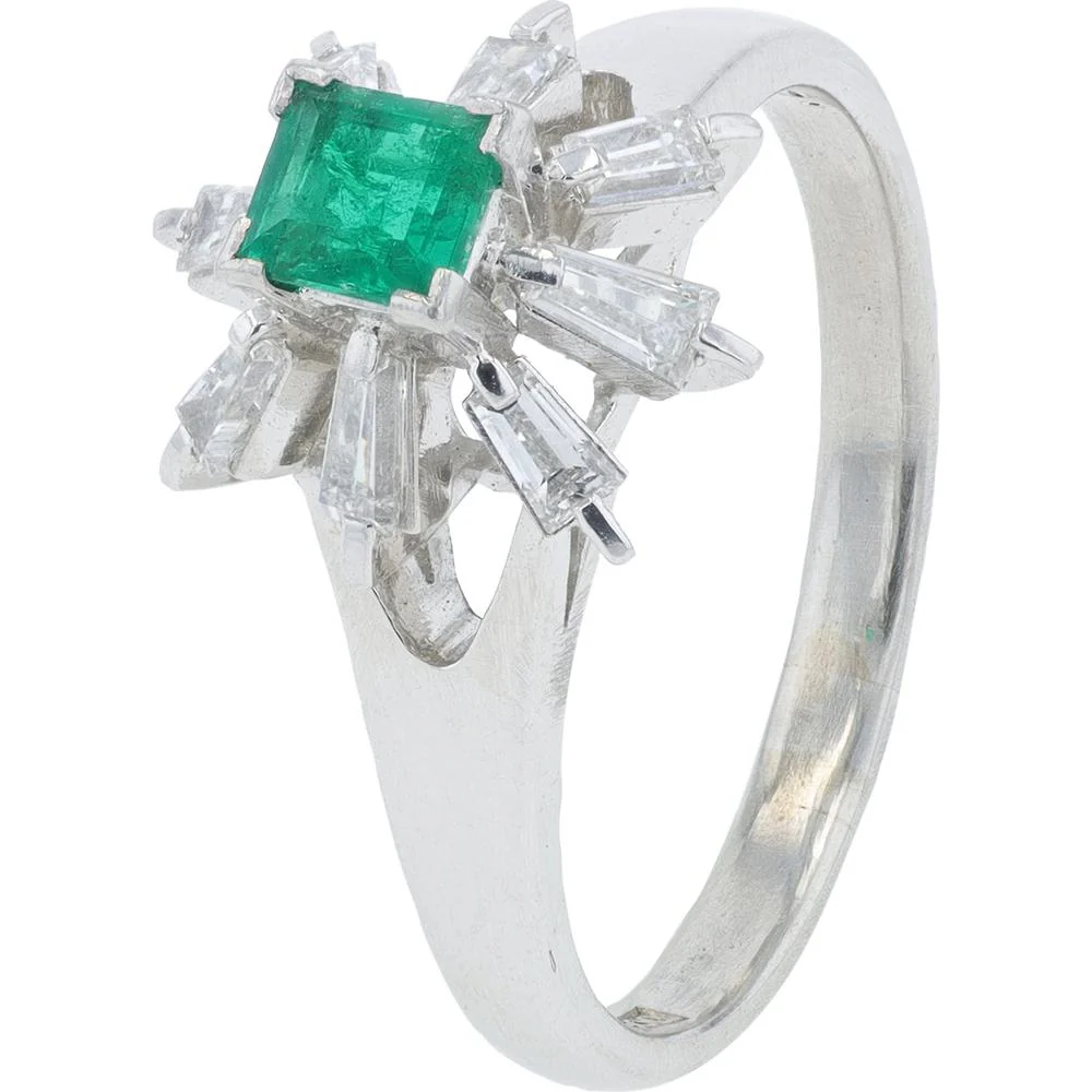 Platinum 0.37 Carat Emerald Ring with 0.29 Carat Baguette Diamonds - Square Cut Emerald Center
