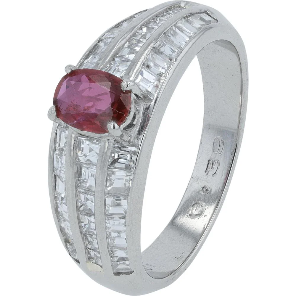 Platinum 0.39 Carat Oval Ruby Ring with 1.25 Carat Baguette Diamonds