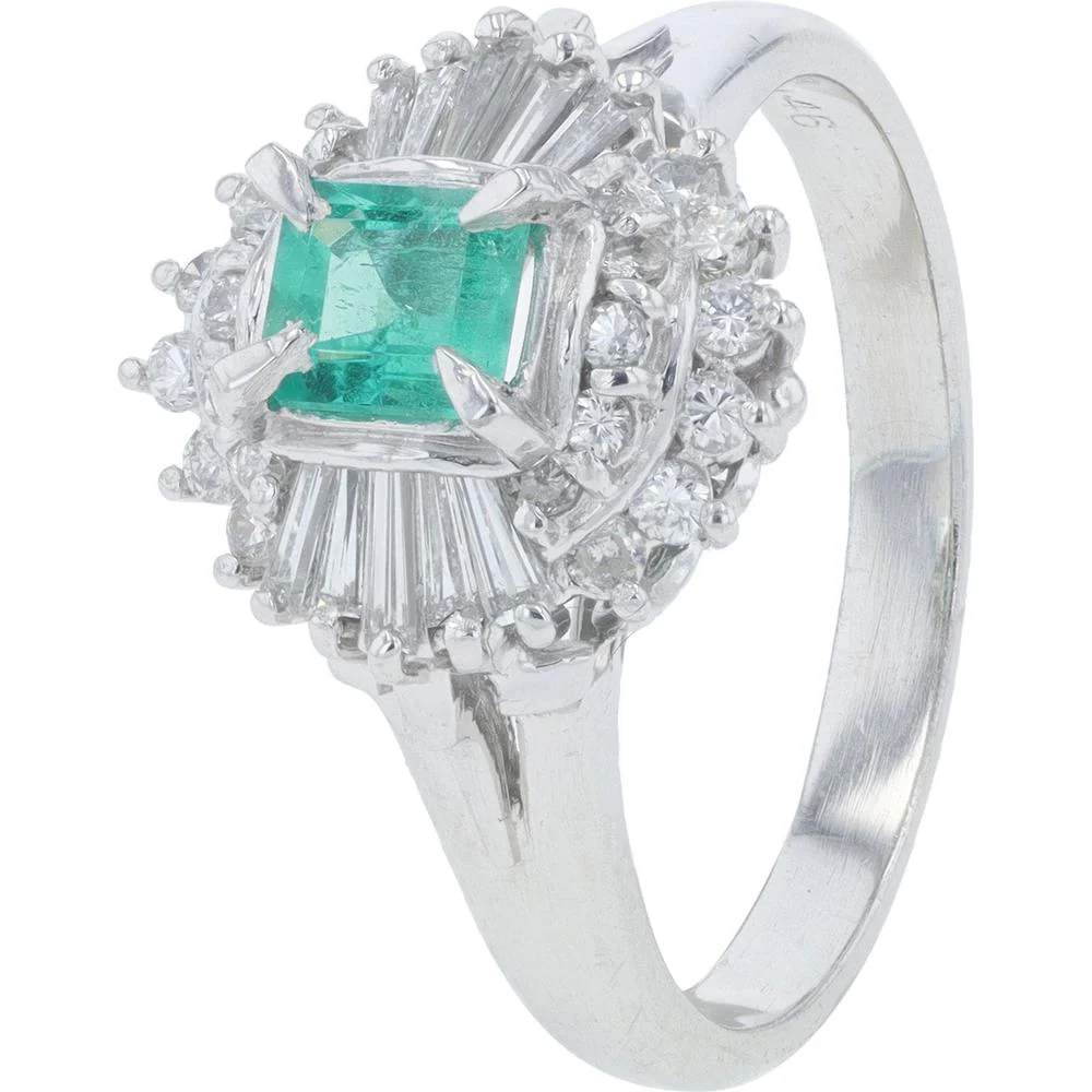 Platinum 0.41 Carat Emerald Ring with 0.46 Carat Halo Diamond Accents - Size 7.25