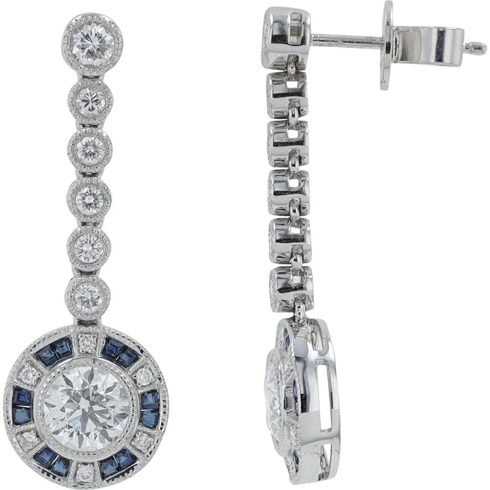 Platinum 0.44 Carat Sapphire and 1.68 Carat Diamond Drop Earrings with Halo and Milgrain Detail - Image 2