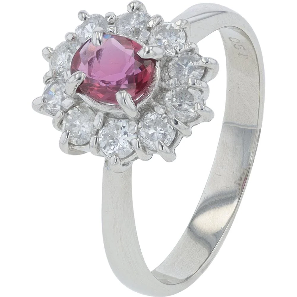Platinum 0.51 Carat Ruby Halo Ring with 0.51 Carat Diamond Accents