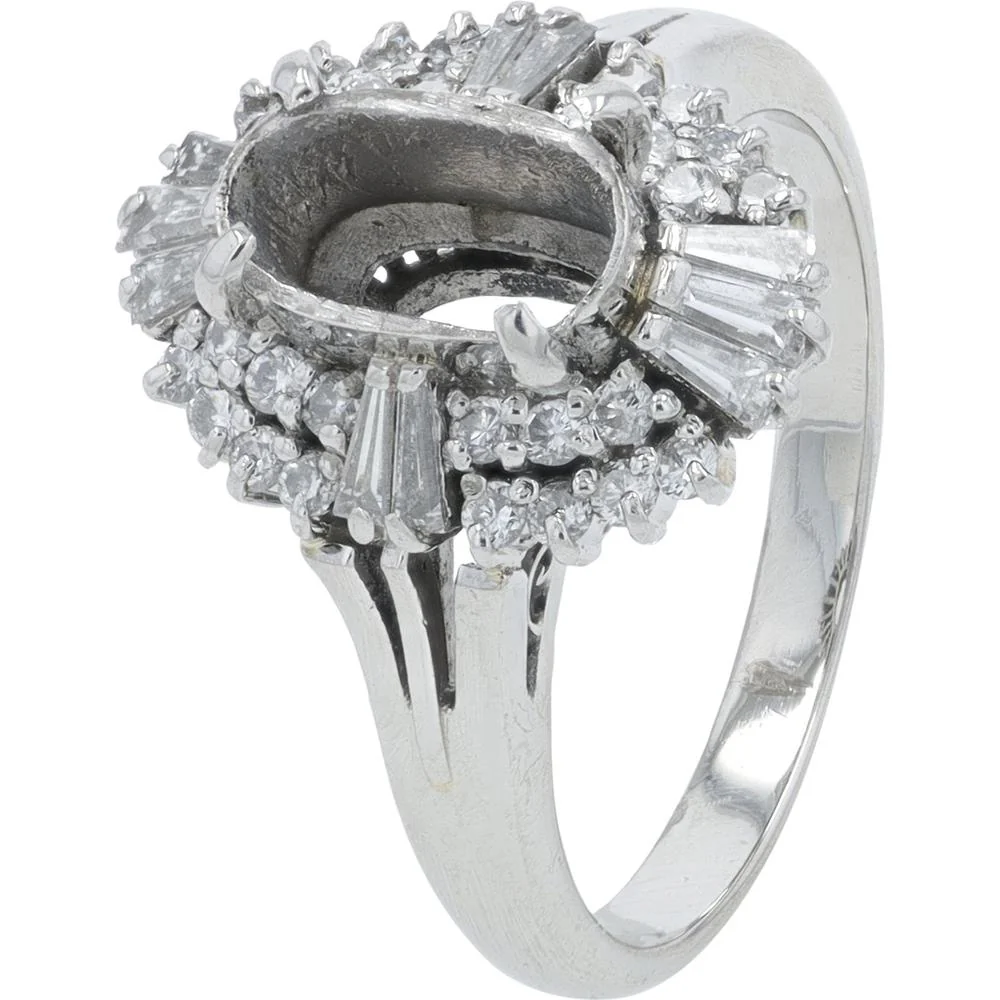 Platinum 0.57 Carat Diamond Semi - Mount Ring with Halo of Baguette and Round Diamonds - 0.57 Carat Total Diamond Weight