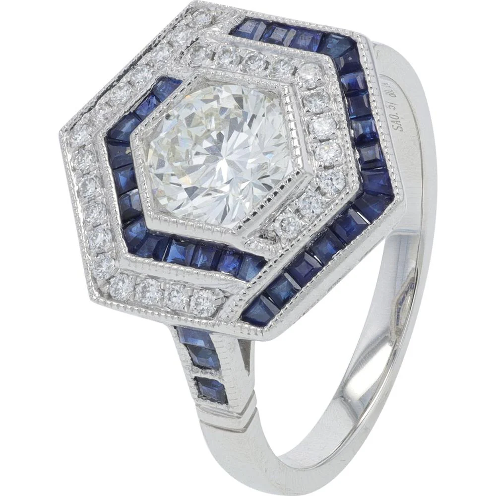 Platinum 0.57 Carat Sapphire Ring with 0.94 Carat Diamond Halo in Hexagon Design