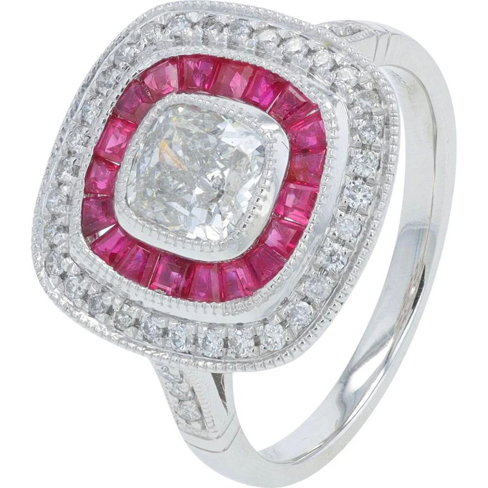Platinum 0.58 Carat Ruby Ring with 1.21 Carat Halo Diamonds - Cushion Cut