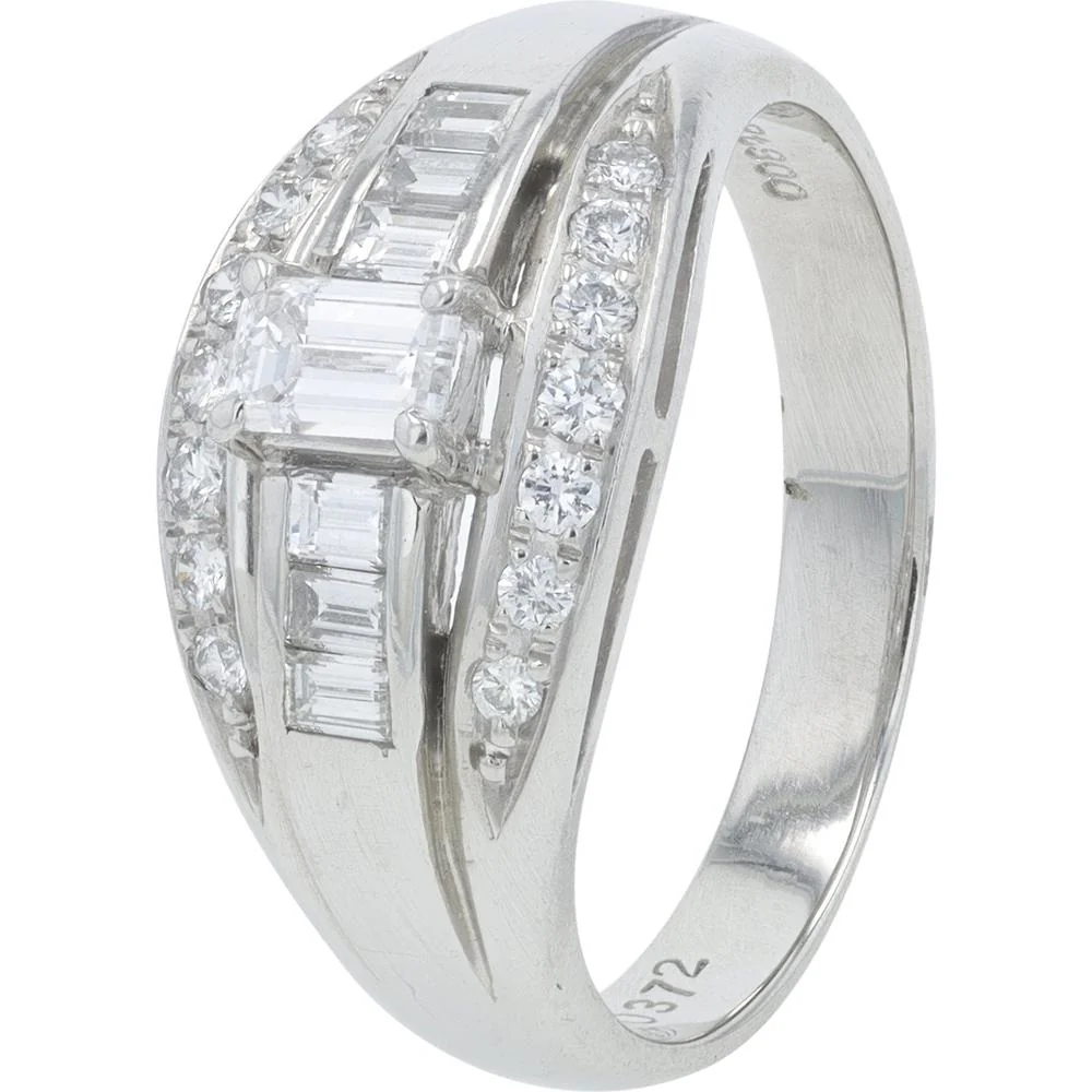 Platinum 0.62 Carat Total Weight Diamond Ring with Emerald Cut and Round Brilliant Diamonds
