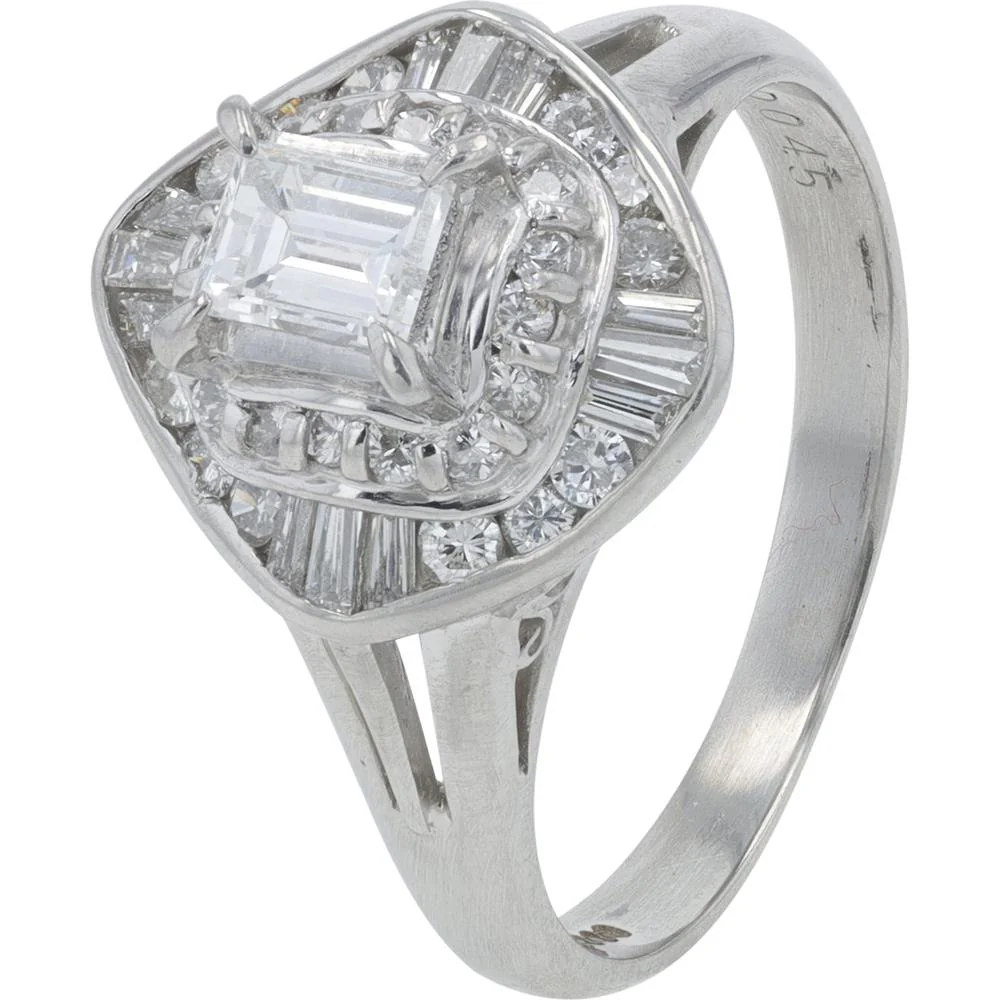 Platinum 0.75 Carat Total Weight Diamond Ring with Emerald Cut and Baguette Diamonds