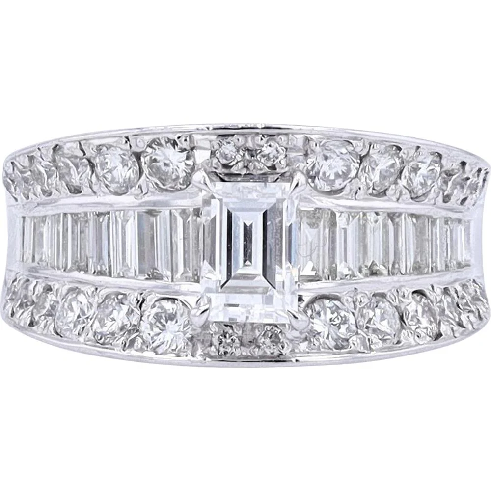 Platinum 0.757 Carat Emerald Cut Diamond Engagement Ring with Baguette and Round Diamond Accents - 1.22 Carat Total Diamond Weight