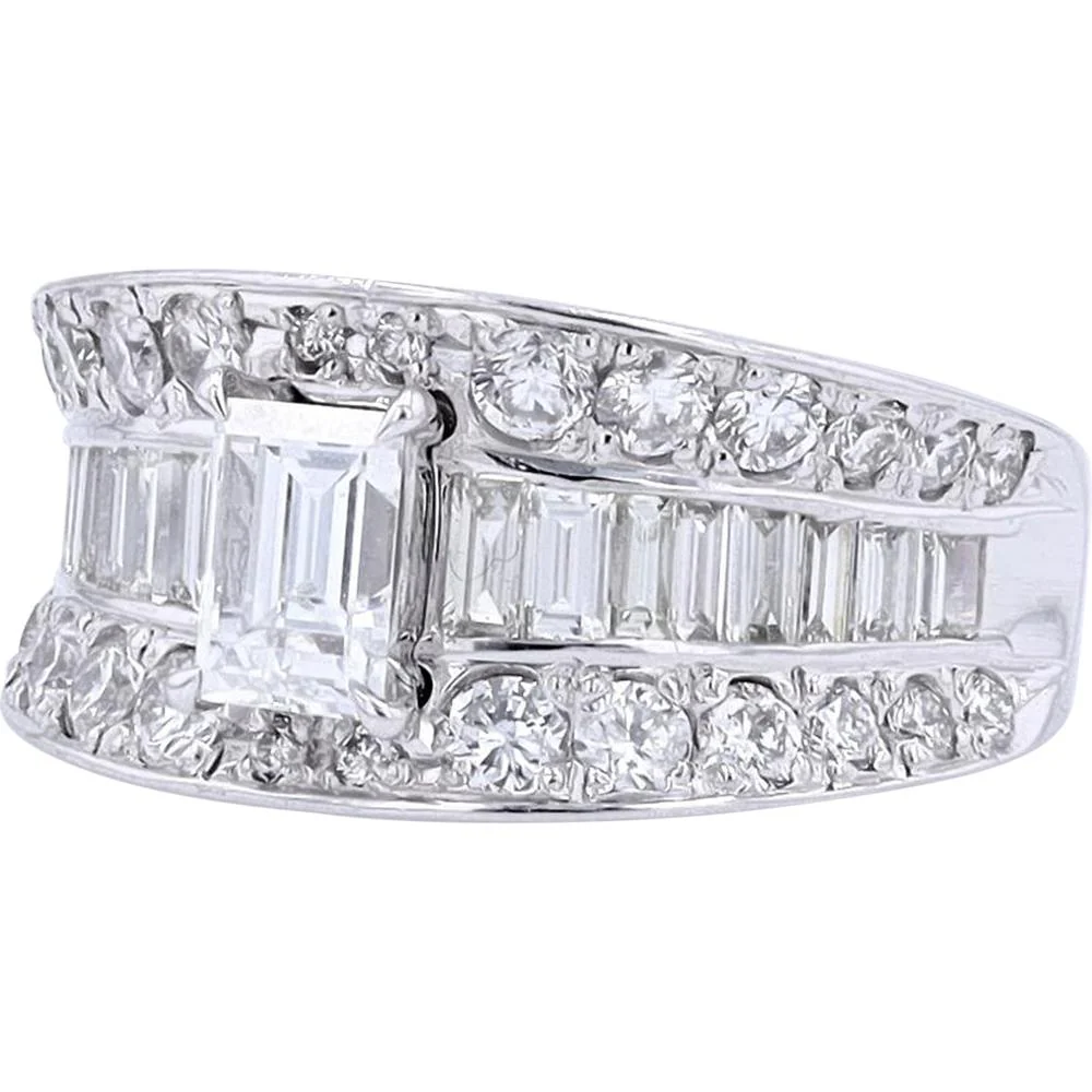 Platinum 0.757 Carat Emerald Cut Diamond Engagement Ring with Baguette and Round Diamond Accents - 1.22 Carat Total Diamond Weight - Image 2