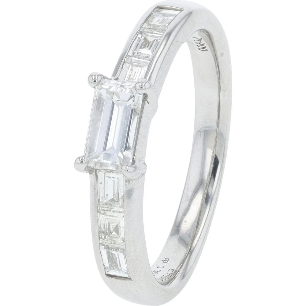 Platinum 0.767 Carat Total Weight Diamond Engagement Ring with Emerald and Baguette Cut Diamonds