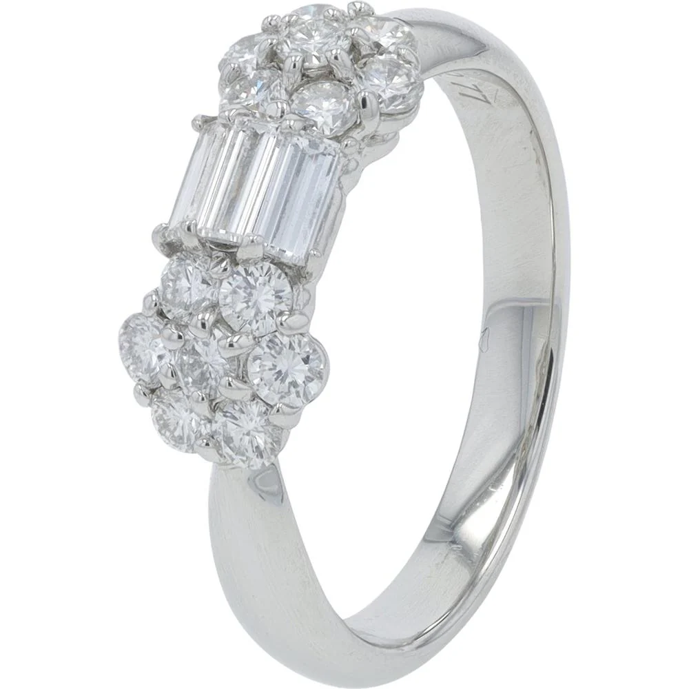 Platinum 0.77 Carat Total Diamond Ring with Baguette and Round Diamonds
