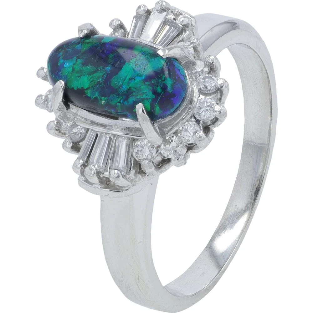 Platinum 0.83 Carat Black Opal Center Ring with Diamond Halo - 0.24 Carat Total Diamond Weight