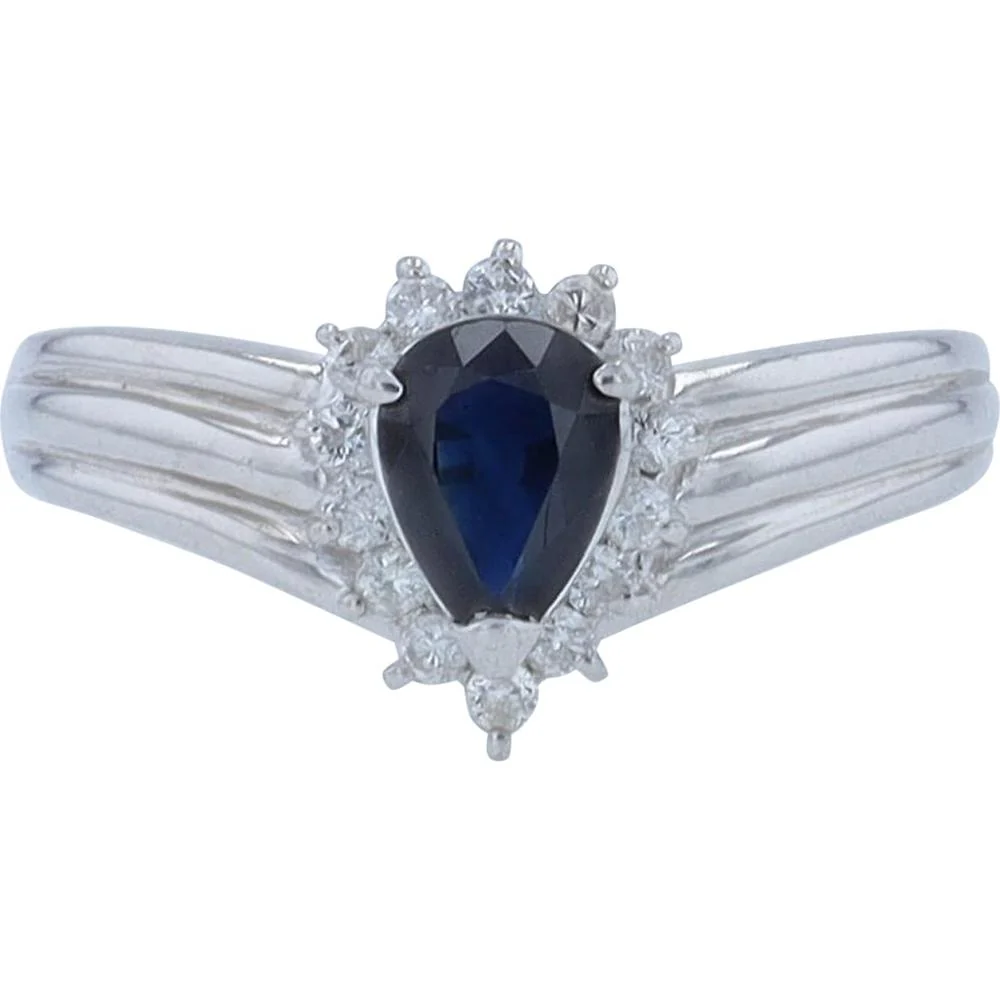 Platinum 0.83 Carat Pear Cut Sapphire Halo Ring with 0.21 Carat Diamond Accents