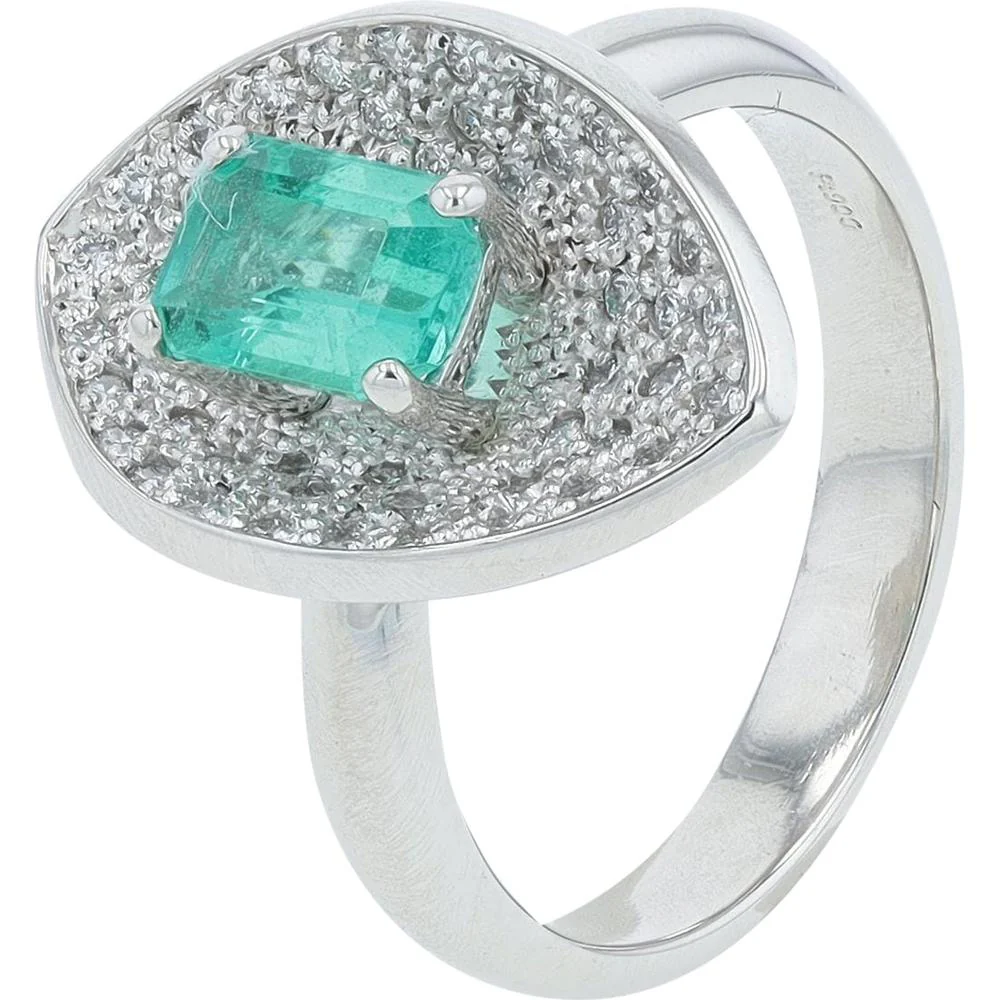Platinum 0.84 Carat Emerald Ring with 0.32 Carat Pavé Diamond Halo - Size 7