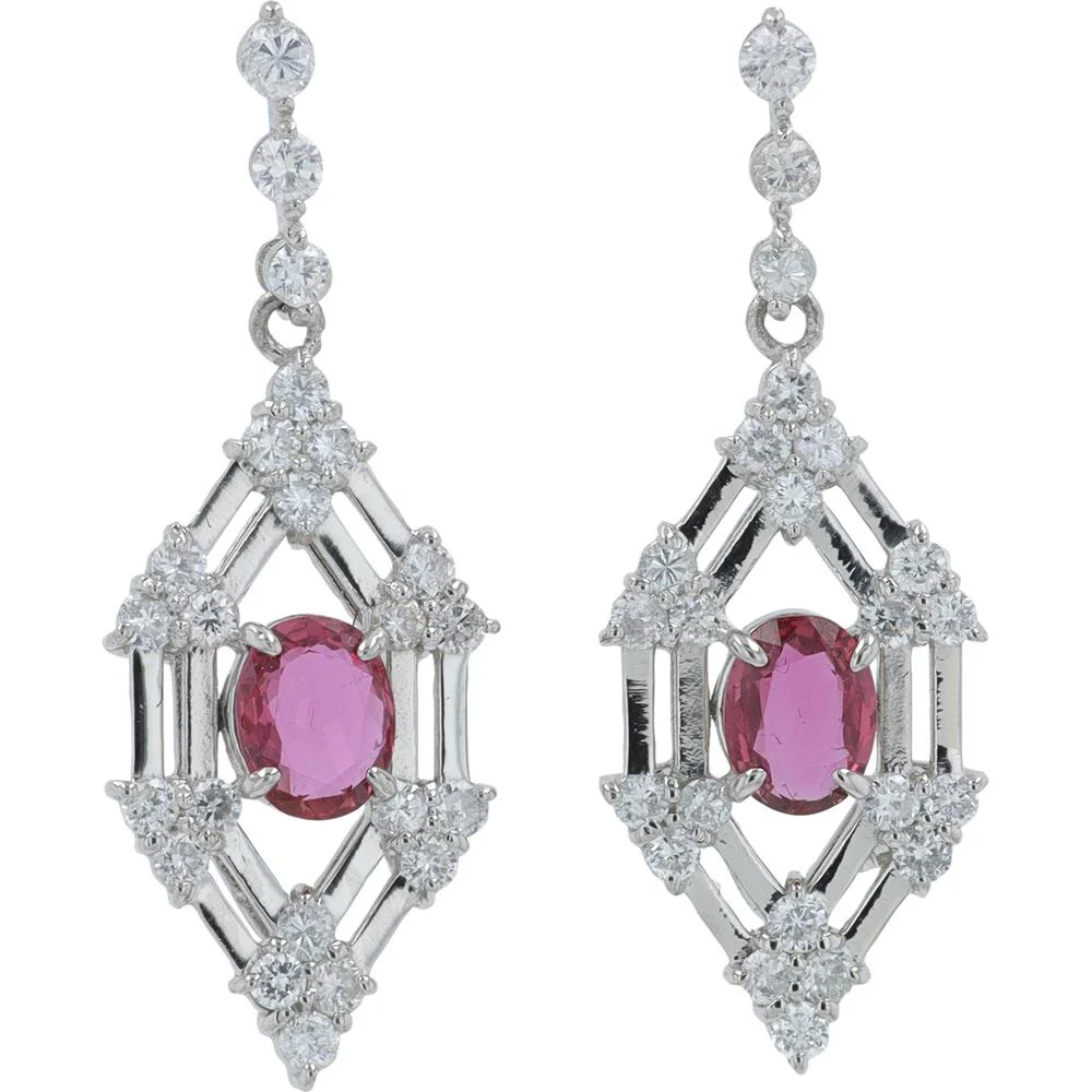 Platinum 0.84 Carat Total Weight Ruby Earrings with 1.11 Carat Total Diamond Accents