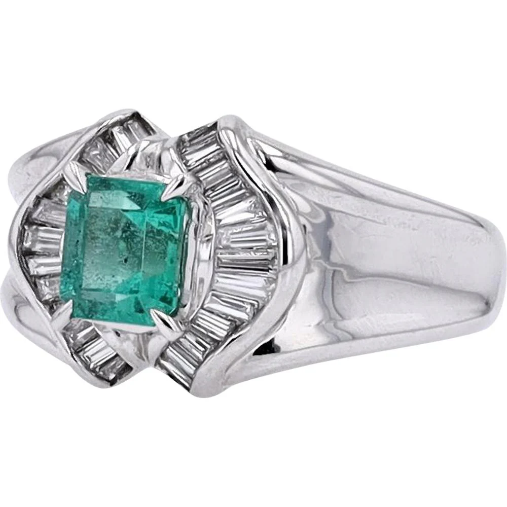 Platinum 0.85 Carat Emerald Ring with 0.33 Carat Baguette Diamond Halo - Image 2