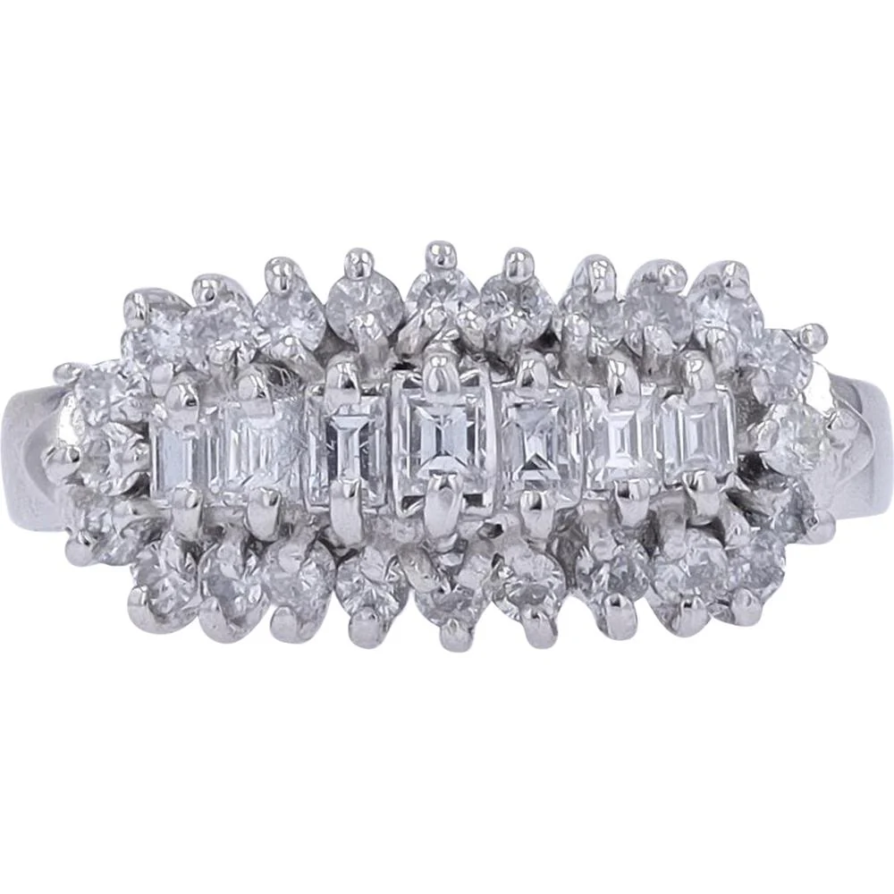 Platinum 0.86 Carat Diamond Ring with Baguette and Round Diamonds - 0.86 Carat Total Diamond Weight