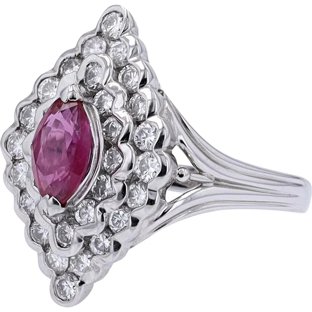 Platinum 0.87 Carat Marquise Ruby Ring with 1.08 Carat Total Diamond Halo - Image 2