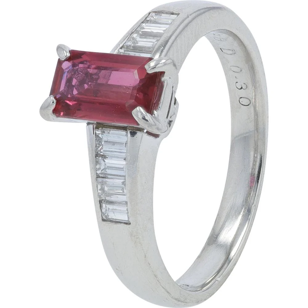 Platinum 0.88 Carat Ruby Ring with Baguette Diamonds - 0.30 Carat Total Diamond Weight