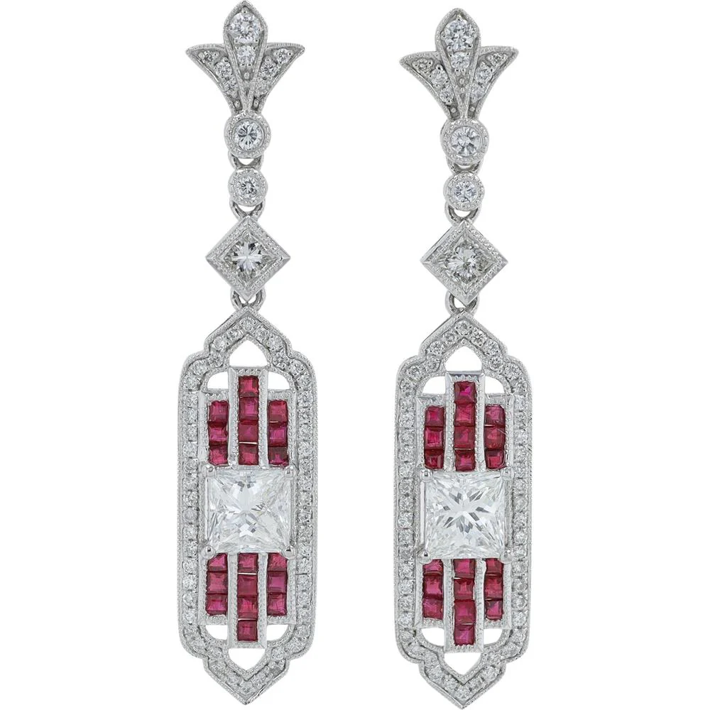 Platinum 0.91 Carat Ruby and Princess Cut Diamond Earrings - 2.17 Carat Total Diamond Weight