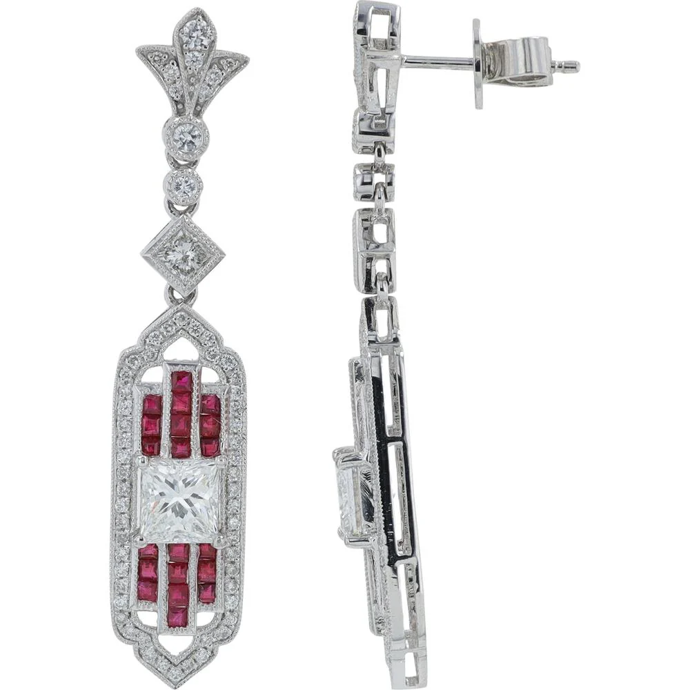 Platinum 0.91 Carat Ruby and Princess Cut Diamond Earrings - 2.17 Carat Total Diamond Weight - Image 2