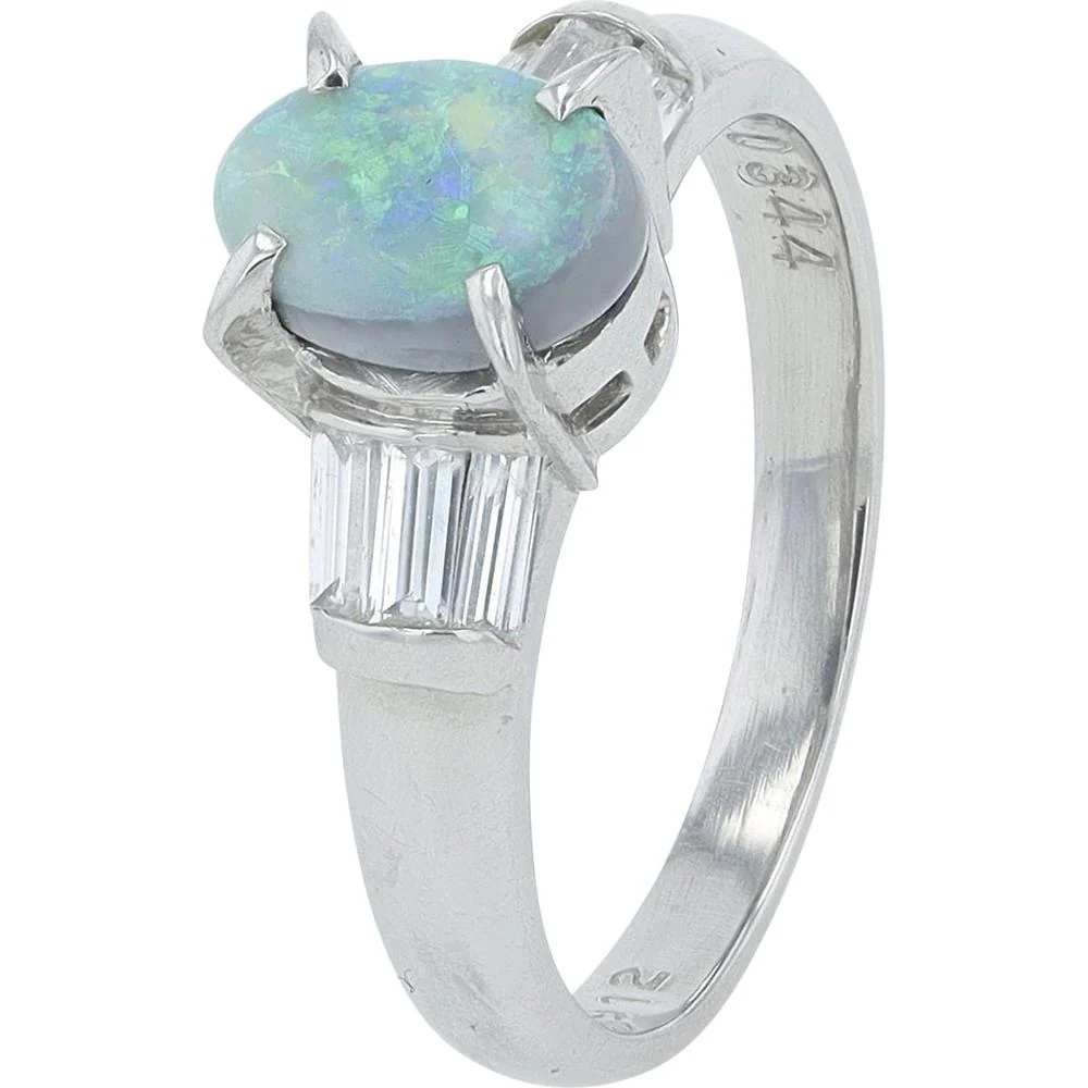 Platinum 0.912 Carat Oval Black Opal Ring with 0.344 Carat Baguette Diamonds